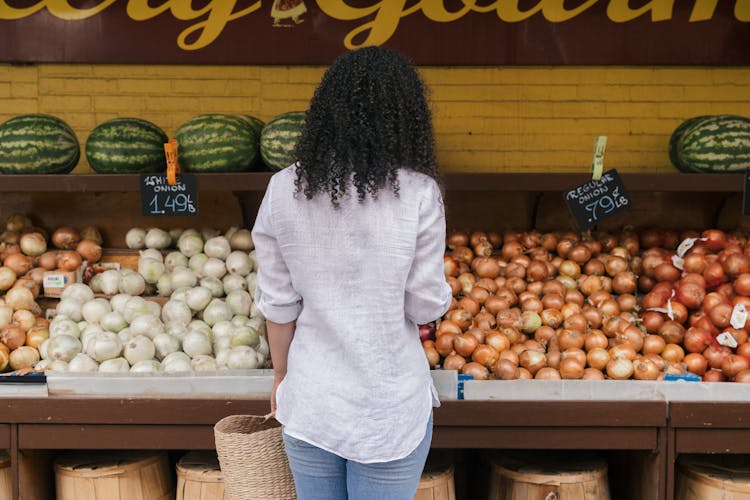 Back View Of A Person Buying Onions