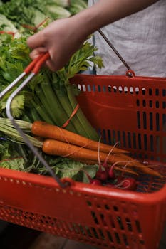 A hand holding a basket filled with fresh organic vegetables like carrots and celery.