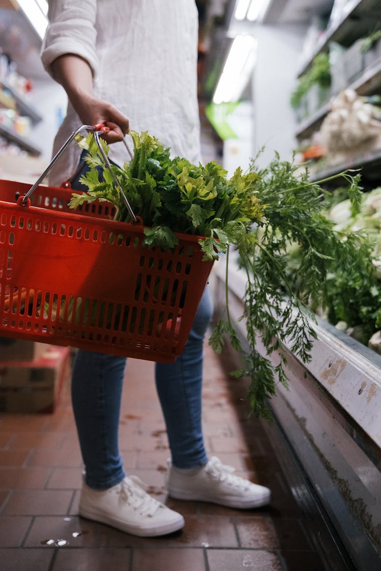 Close-Up Shot Of A Person Holding A Grocery Basket With Vegetables