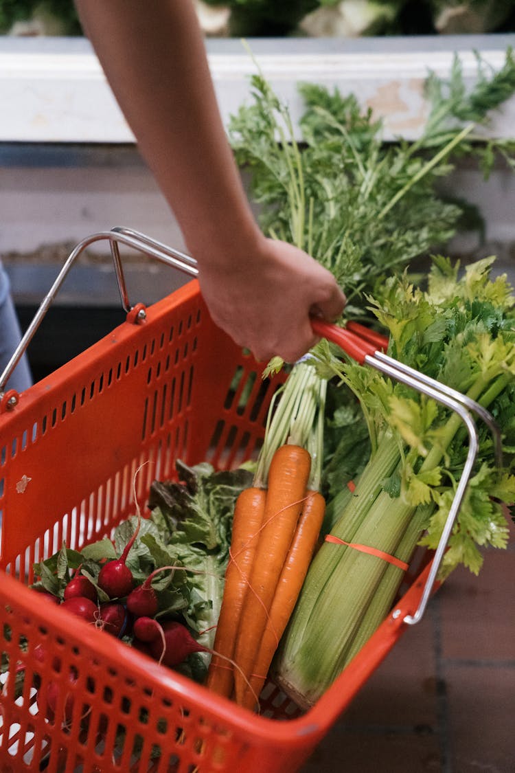 Close-Up Shot Of A Person Holding A Grocery Basket With Vegetables