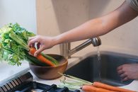 Person Holding Green Vegetable on Stainless Steel Sink