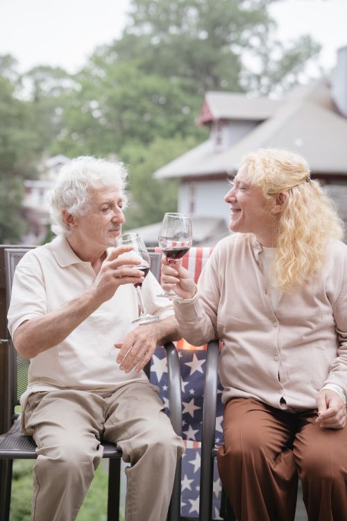 Free Senior couple enjoying wine together on a patio, sharing a cheerful toast in a relaxed setting. Stock Photo