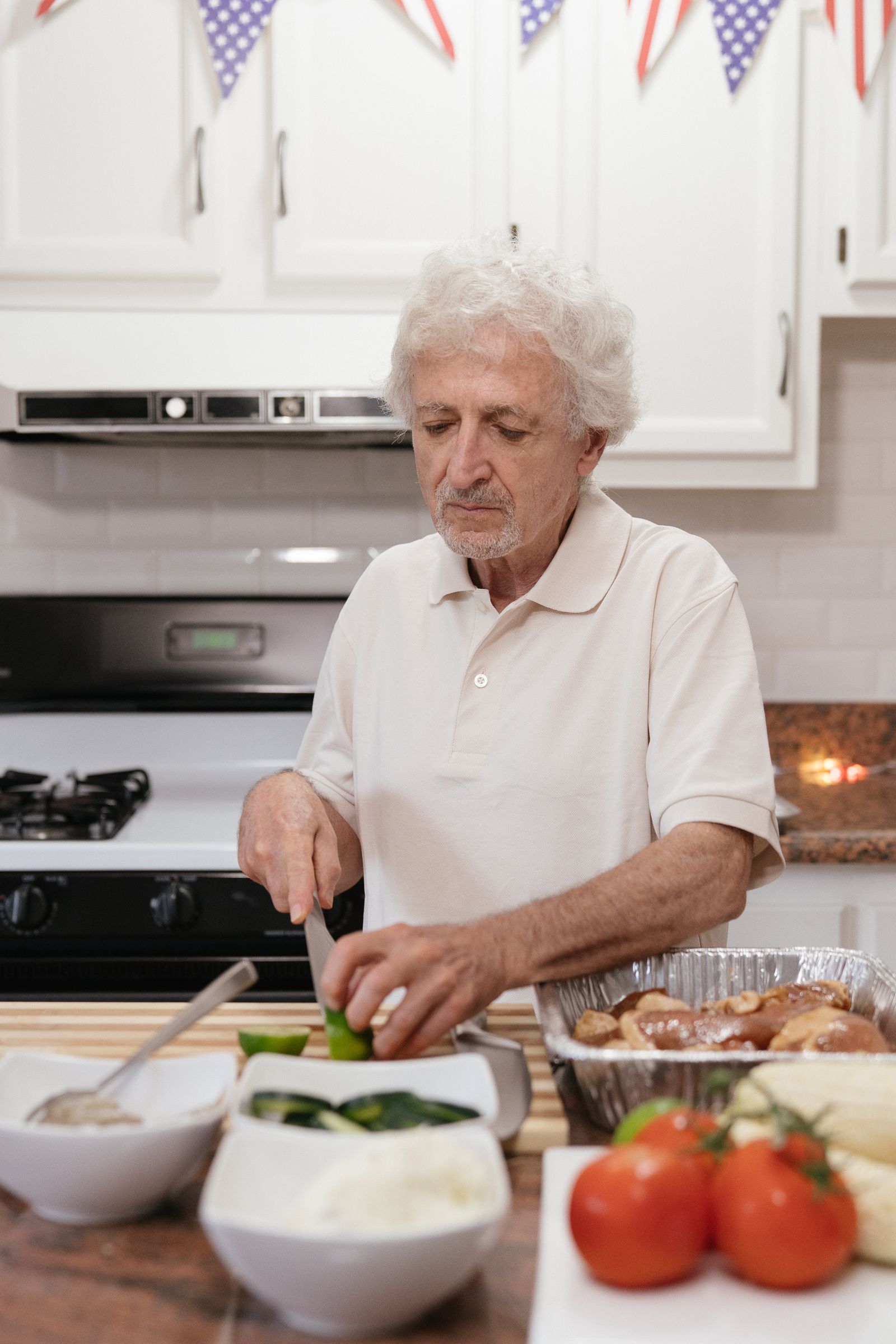 Mature man preparing ordinary nutrient-rich foods