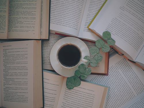 Free A Cup of Black Coffee with Stem of Green Leaves Surrounded by Open Books Stock Photo