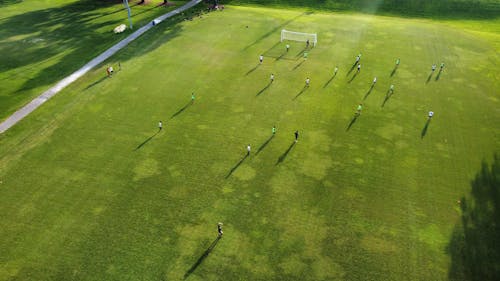Aerial View of Teams Playing Soccer on the Field