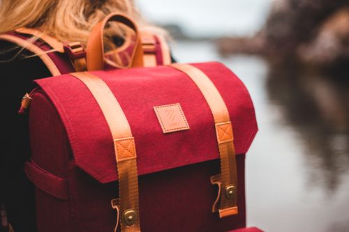 Free Close-up of a stylish red backpack worn near a river, showcasing adventure and travel. Stock Photo