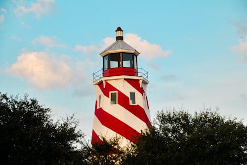 Red and White Lighthouse Under Blue Sky