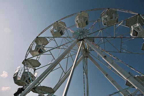 Low-Angle Shot of a White Ferris Wheel Under a Blue Sky