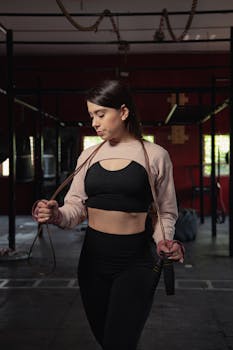 Woman in activewear holding a jump rope in a gym setting, ready for a workout.
