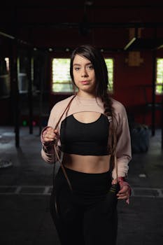 A young woman in sportswear holding a jump rope in an indoor gym, ready for a workout.