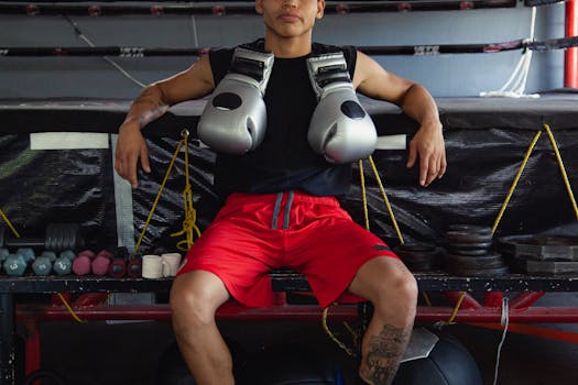 Tattooed boxer sitting in a gym with silver gloves over shoulders and red shorts.
