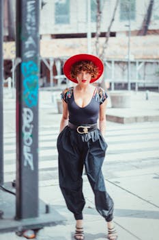 Fashionable woman in bold red hat striking a pose on a city street.