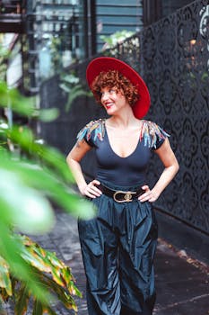 Stylish woman with red hat smiling confidently in urban setting, showcasing unique fashion.
