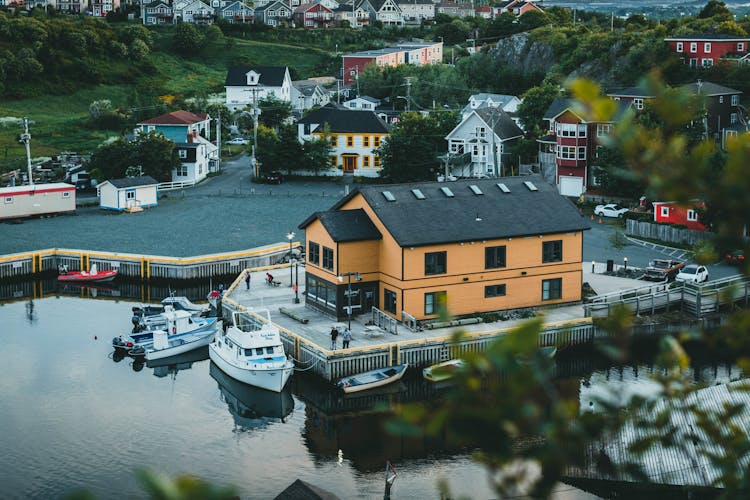 Aerial View Of Houses And Boats In Quidi Vidi, St. Johns, Newfoundland, Canada 