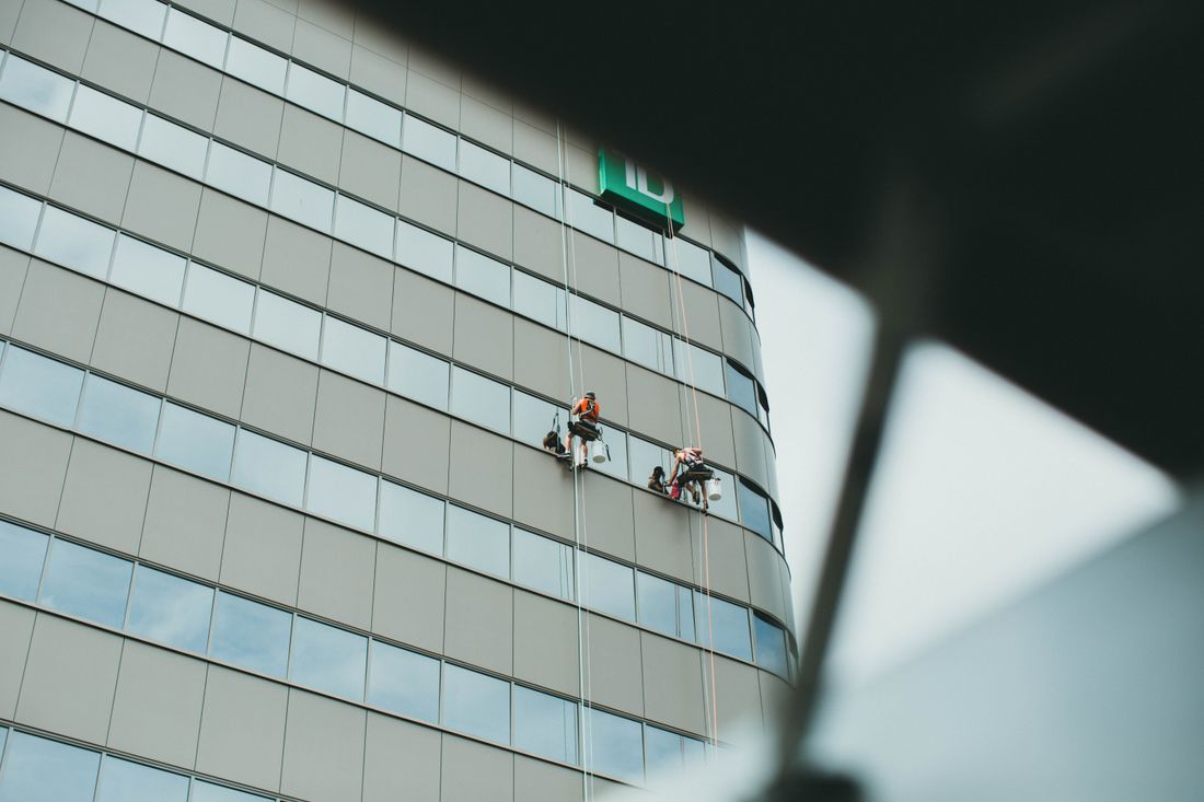 Illustrative stock image of exterior window cleaning on a building