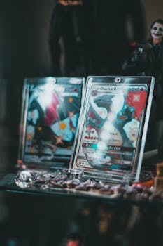 Close-up of collectible Pokemon trading cards in protective cases on display.