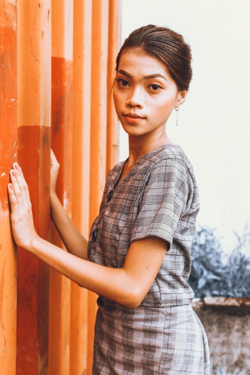 Stylish Woman in Plaid Coordinate Clothing