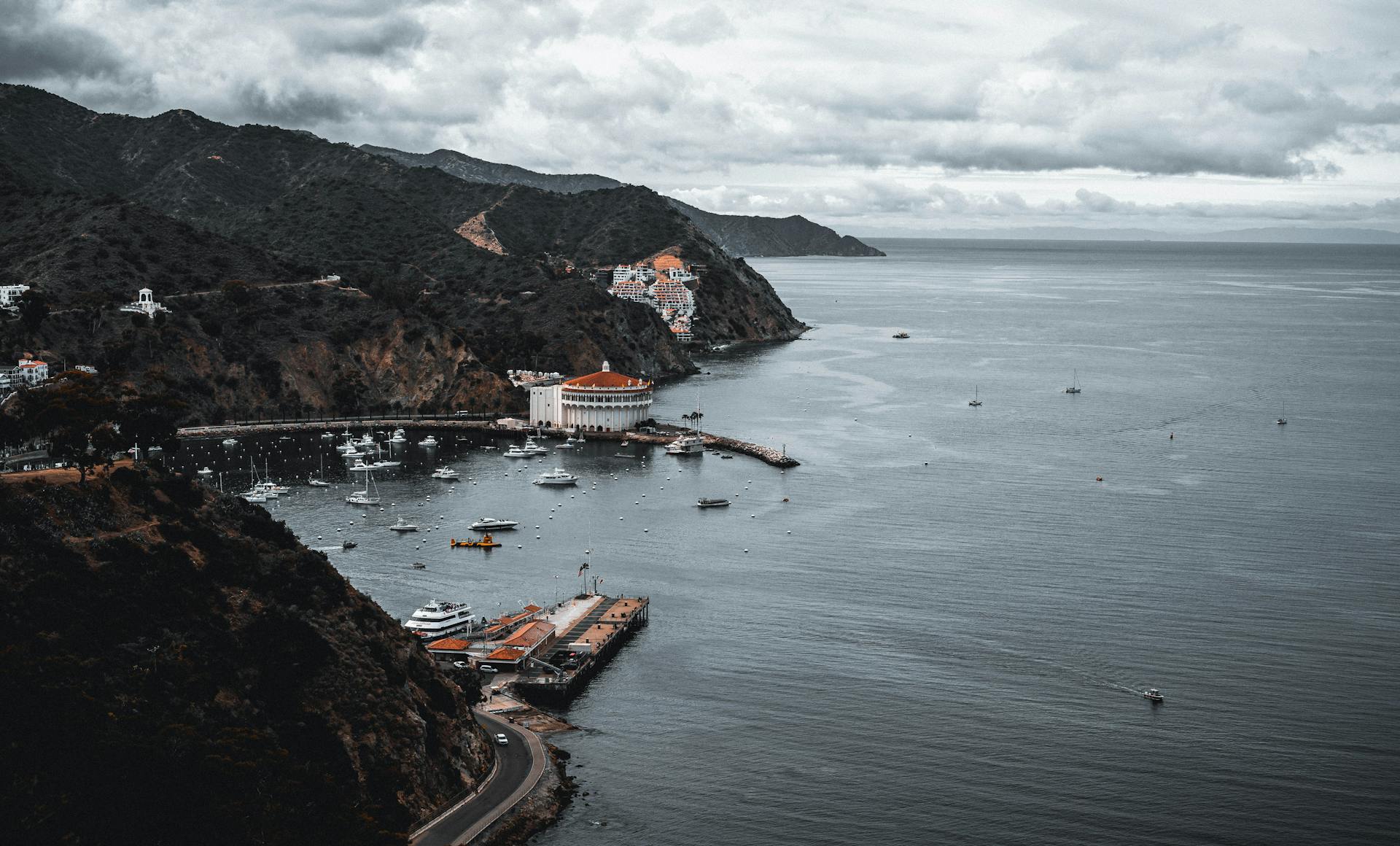Aerial view of Catalina Island's rugged coastline and harbor, California.