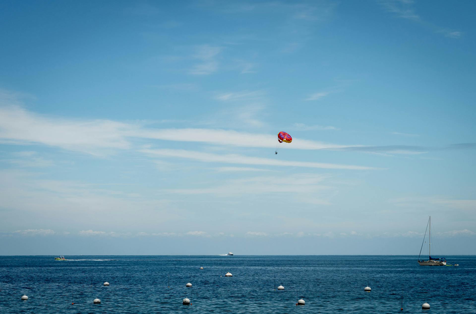 Experience the thrill of parasailing over the clear blue waters of Catalina Island, California.
