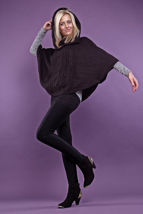 Beautiful Woman in Purple Wool Poncho