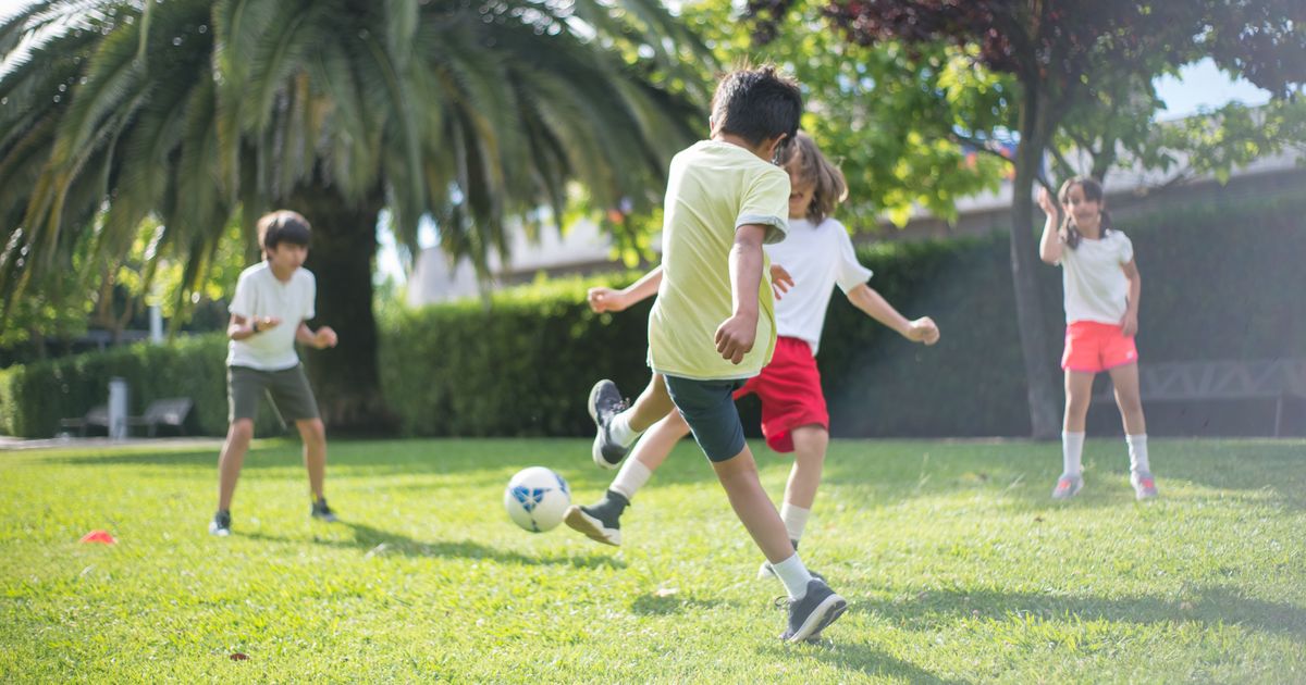 Children playing soccer on the grass in a sunny park