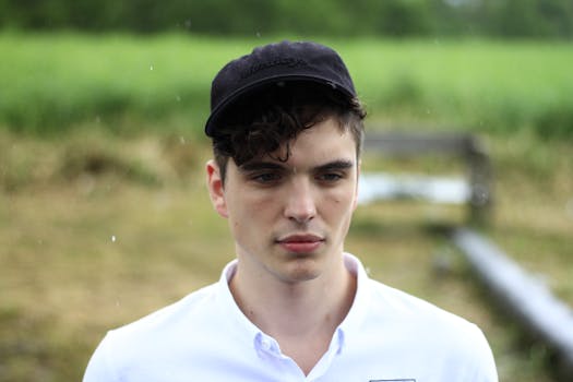 Portrait of a young man standing outdoors in a rural setting, with raindrops on a cloudy day.