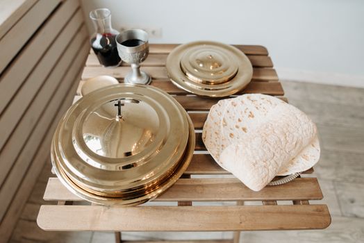 Flatbread and Red Wine on Wooden Table
