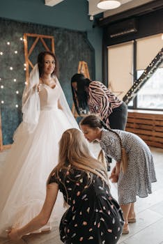 Bride in gown with assistants preparing for her wedding day indoors.