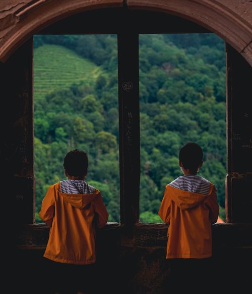 Free Two boys in bright yellow jackets gaze out a window at a lush green forest in Heidelberg. Stock Photo