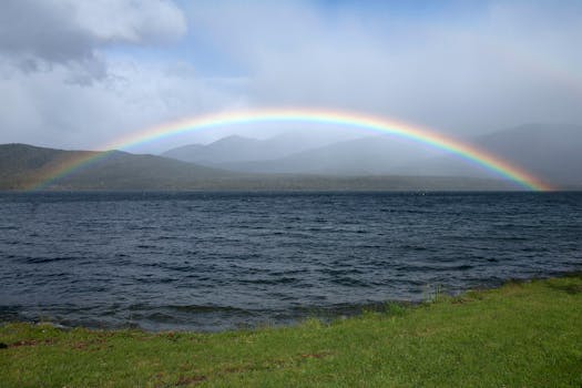 A stunning rainbow arcs over a tranquil mountain lake with lush green grass in the foreground.