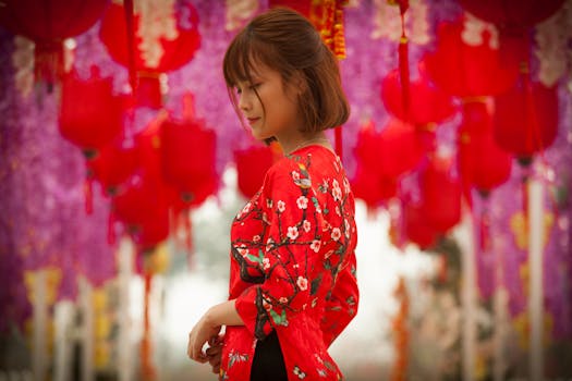 亚洲妇女身着传统服装，被充满活力的红纸灯笼所环绕