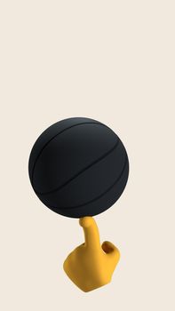A digital 3D illustration of a yellow hand balancing a black ball on a finger against a beige background.