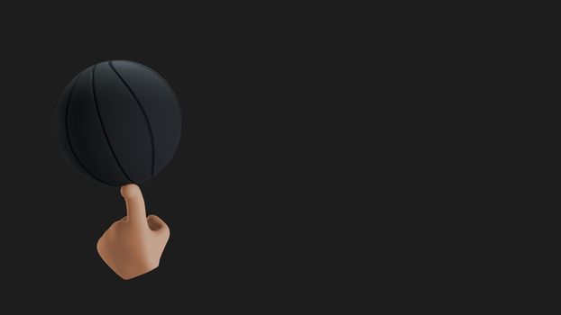 Creative 3D illustration showcasing a hand balancing a black basketball against a dark background.