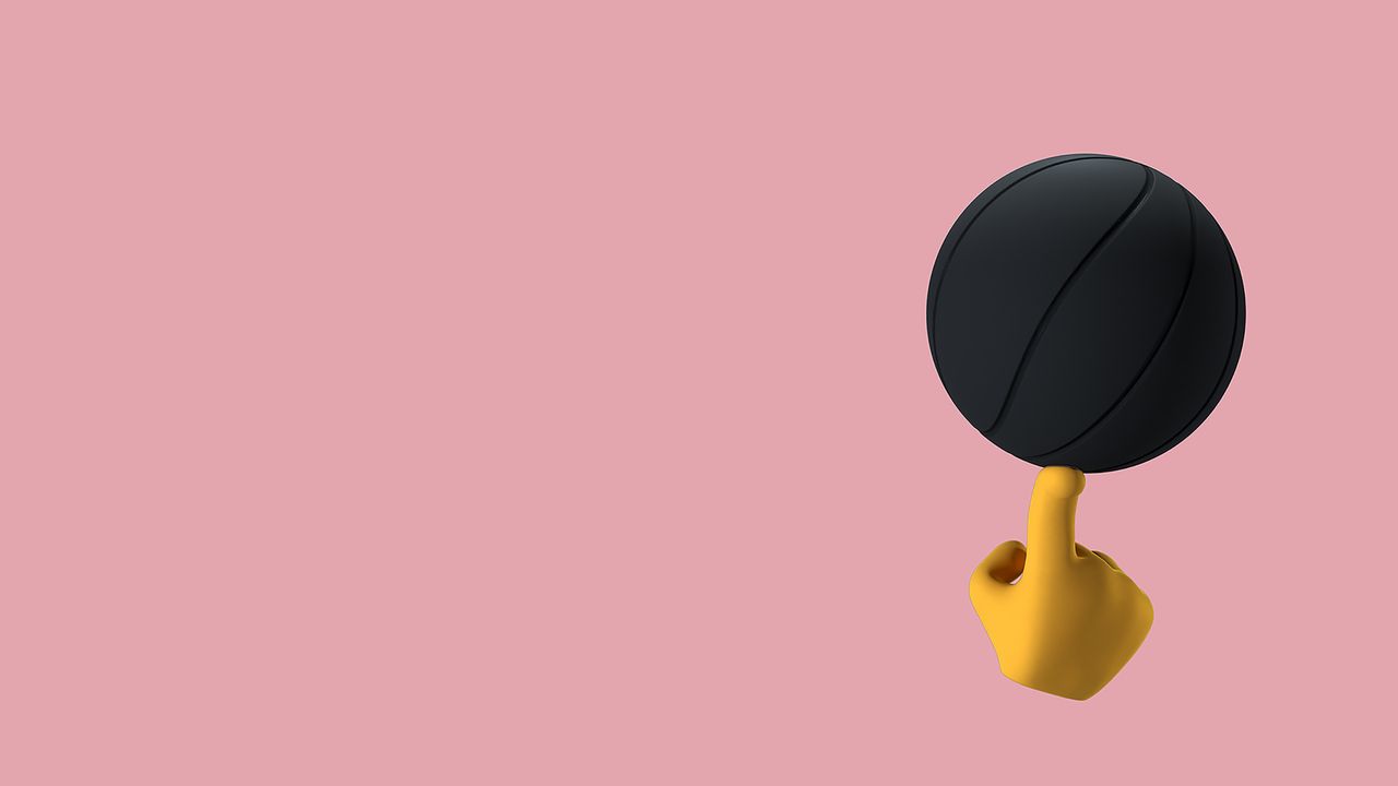 minimalist 3d illustration of a yellow hand balancing a black ball on