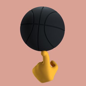 Colorful 3D illustration of a hand balancing a black basketball on a finger against a pink background.