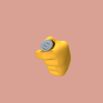 3D yellow hand emoji holding a coin on a neutral pink background, symbolizing finance.