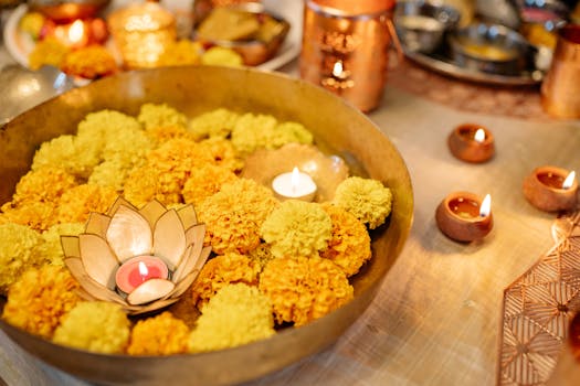 Bright marigold flowers floating with candles, perfect for festive Diwali decoration.