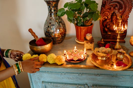 A vibrant depiction of Diwali ritual setup with flowers, lamps, and traditional decor.