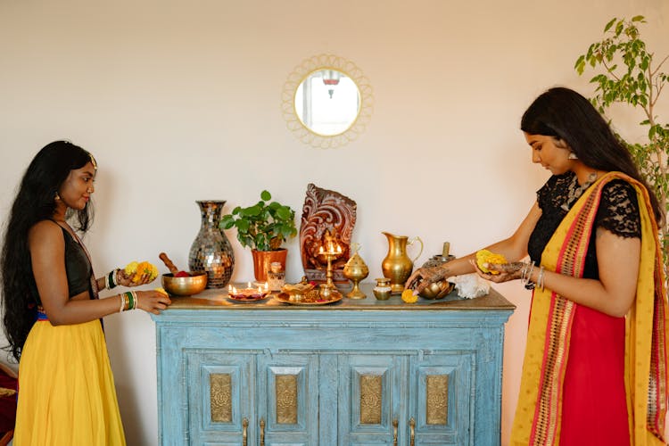 Women In Traditional Dresses Having Ritual