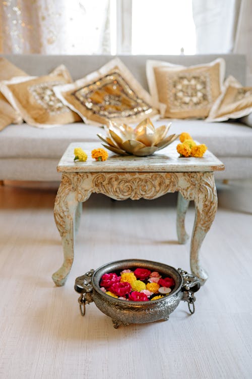 Flowers in Bowl beside Table