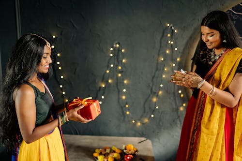 Two Pretty Girls in Traditional Festive Hindu Clothing 