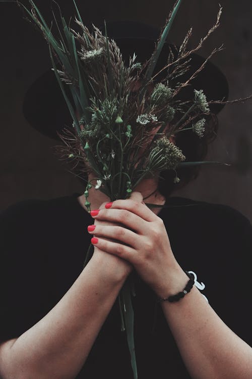 Free Person Holding Green Leaves Bouquet Stock Photo