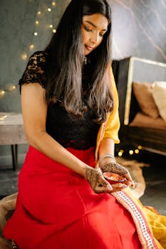 South Asian woman in traditional red attire holding henna candle, indoors with festive lighting.