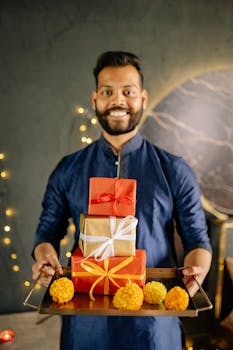 Smiling man holding gift boxes with vibrant decorations during Diwali celebration indoors.
