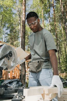 African American carpenter cutting wood on a construction site with a circular saw.