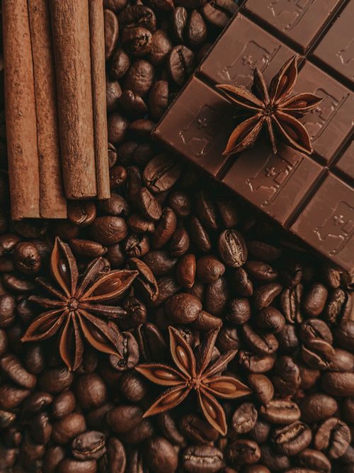 Free Chocolate, star anise, and cinnamon on coffee beans creating a warm, aromatic composition. Stock Photo