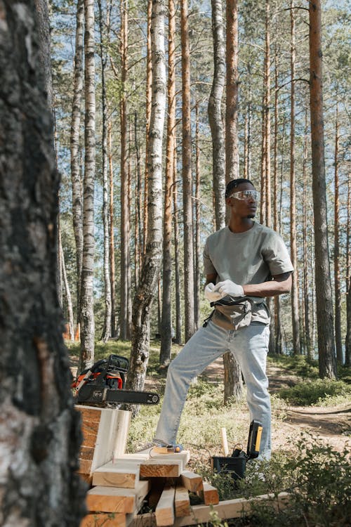 Základová fotografie zdarma na téma afroameričan, kmeny stromů, motorová pila