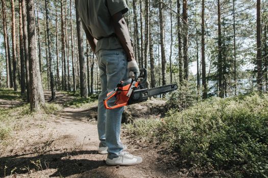 A worker holding a chainsaw stands in a forest, surrounded by trees on a sunny day.