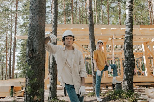Two construction workers in protective gear at a forest site with wooden structure.
