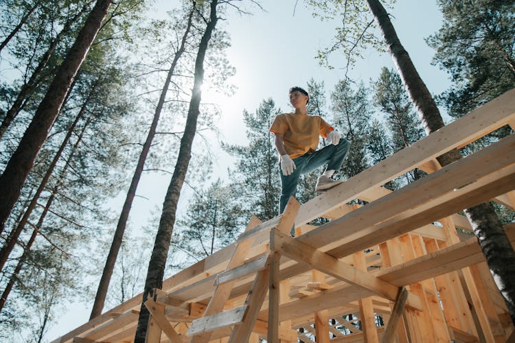 Man Standing On Top Of A Wooden House Frame